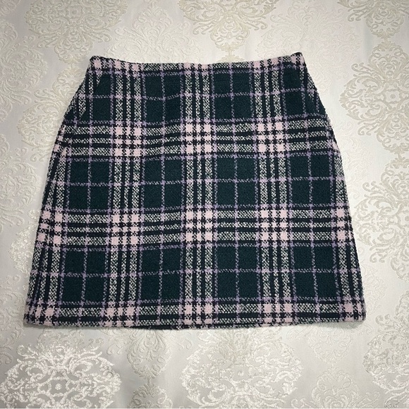Loft Tweed Plaid 18” Mini Skirt In Emerald Green Lilac & Pink Size 6 - Picture 2 of 7
